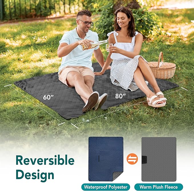 SUN CUBE Large Waterproof Camping Blanket, Fleece Quilted Stadium Blanket for Cold Weather, Windproof Foldable Outdoor Blanket Mat for Picnic, Beach, Pets, Car, 60x80in