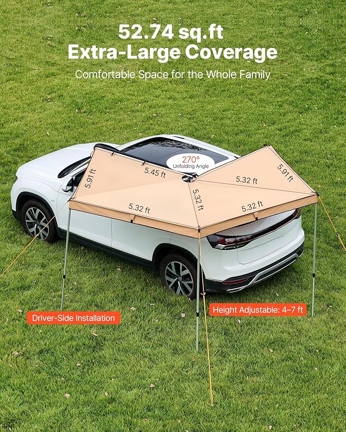 VEVOR 270 Degree Awning, 52 sq.ft Driver Side Vehicle Awning, Waterproof UV50+ Car Side Awnings with Carry Bag, All-Weather Free-Standing Overland Awnings Car Shelter for SUV Van Truck Camping