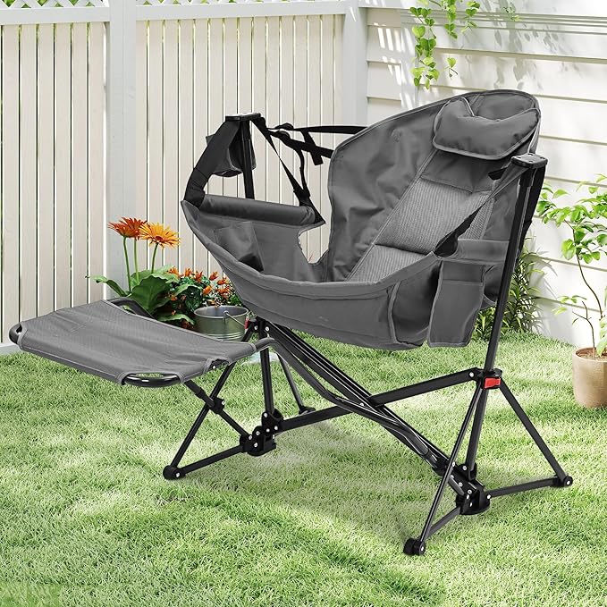 Ainfox Hammock Chair with Footrest, Oversized Swinging Portable Folding Camping Chairs for Adults Outside Swinging Camp with Cup Holder Pillow for Outdoor Patio Lawn Grey
