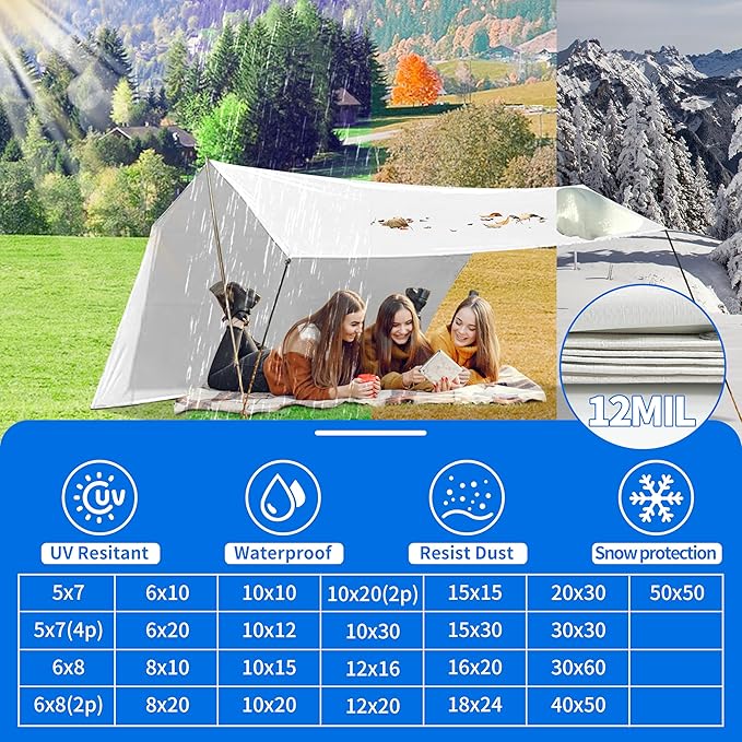 Tarp 6x10 ft Heavy Duty 12mil 100% Waterproof High Durability Multipurpose,Uv Resistant,White Tarp Suitable for Swimming Pools, Boats, Camping, Courtyards, Etc -by MVPNET