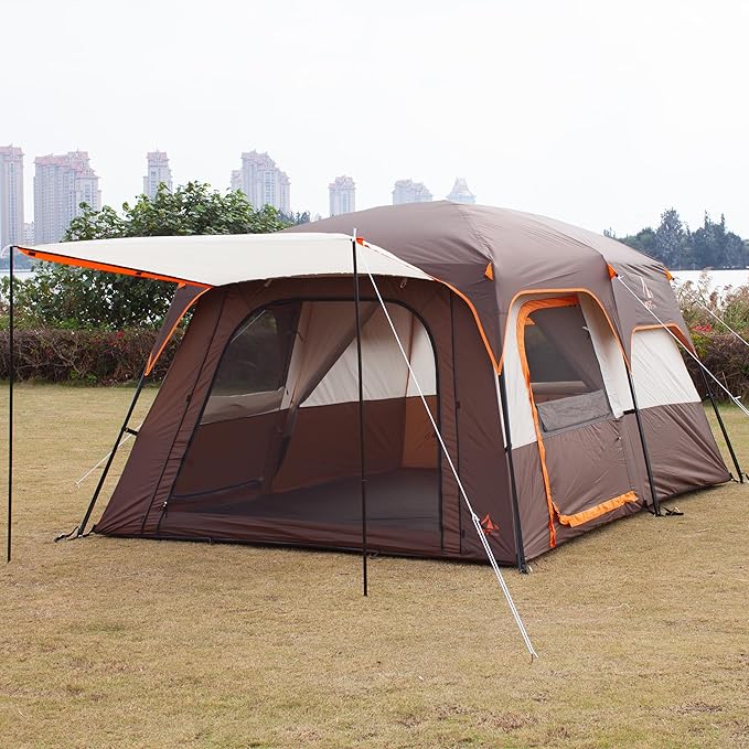 KTT Extra Large Tent 6-10-12-14 Person(Style-B),Family Cabin Tents,2 Rooms,3 Doors and 3 Windows with Mesh,Straight Wall,Waterproof,Double Layer,Big Tent for Outdoor,Picnic,Camping,Family Gathering
