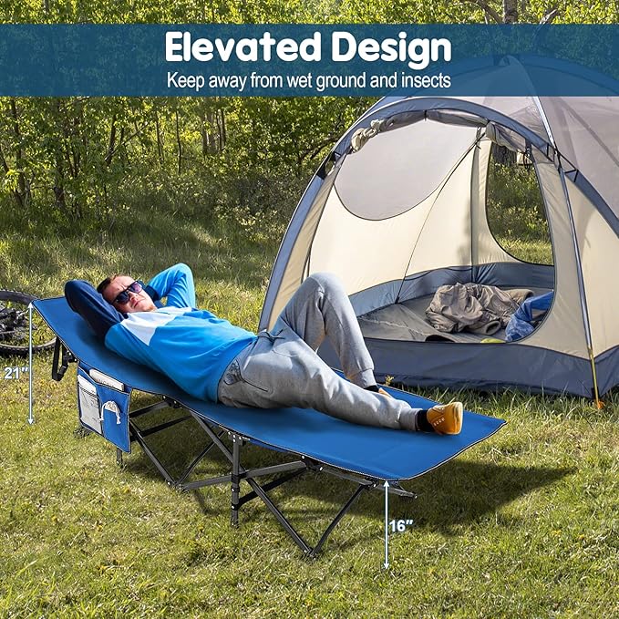 Goplus Folding Camping Cot, 27.5" Sleeping Cot for Adults with Carry Bag, 600LBS Weight Capacity, Slanted Head, Side Pocket, Heavy Duty Portable Camping Bed for Kids, Beach, Office Snap (Blue)