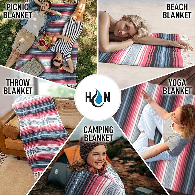 Hydration Nation Authentic Large Handwoven Mexican Striped Throw Blanket - Soft, Durable, Eco-Friendly - 70"x50" - Azure