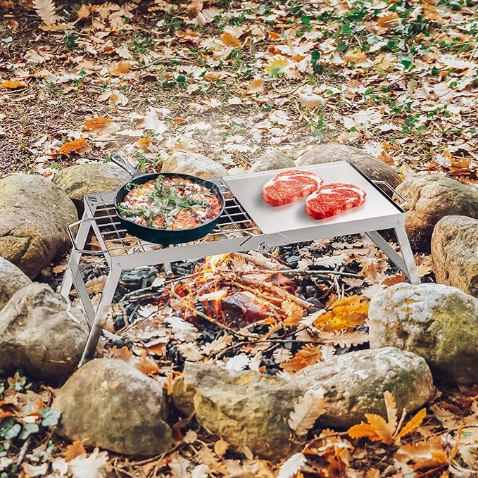 Skyflame Folding Campfire Grill, Portable Stainless Steel Camping Grill Grate and Camp Grill Griddle with Collapsible Legs for Versatile Outdoor Backpacking BBQ Over Fire Pit Cooking