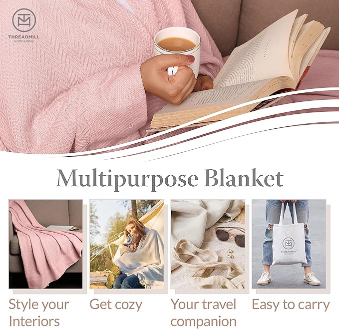 Threadmill Luxury Cotton Blankets for Queen Size Bed | All-Season 100% Cotton Queen Size Blanket | Herringbone Cozy, Soft Breathable Fall Thermal Blanket fits Full Size Bed | English Rose