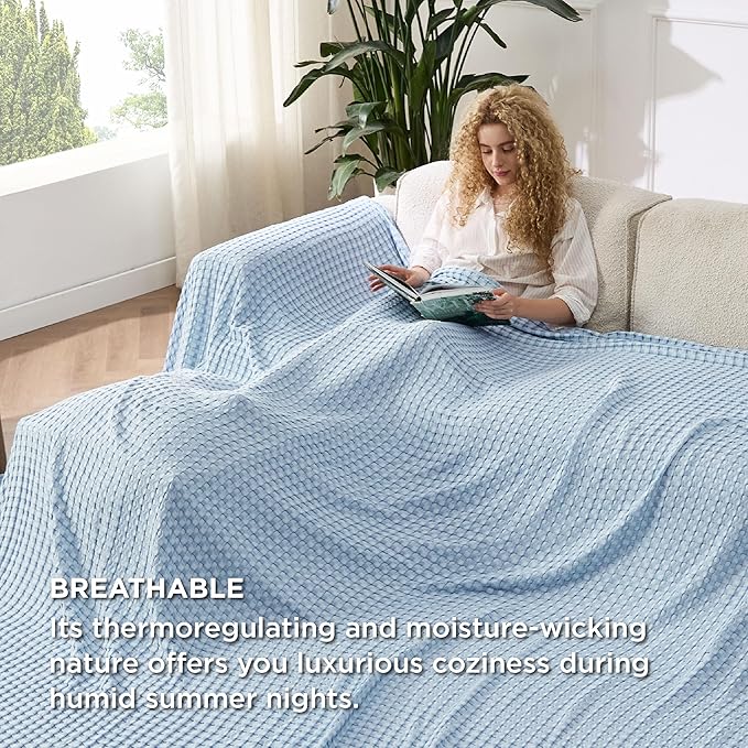 Bedsure Cooling Cotton Waffle Oversized King Blanket - Lightweight Breathable Rayon Derived from Bamboo for Hot Sleepers, Luxury Throws for Bed and Sofa, Blue, 120x96 Inches