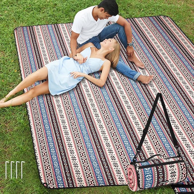 Picnic Blankets Extra Large Outdoor - Beach Blanket Waterproof Sandproof with Shoulder Strap, Machine Washable, Picnic Mat with Stakes for Grass Concert, Park.BohoPattern