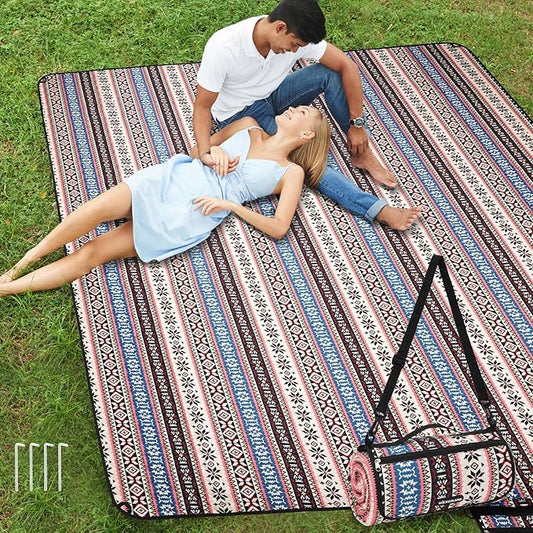 Picnic Blankets Extra Large Outdoor - Beach Blanket Waterproof Sandproof with Shoulder Strap, Machine Washable, Picnic Mat with Stakes for Grass Concert, Park.BohoPattern