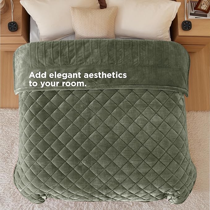 Bedsure Electric Blanket Queen Size - Dual Control Heated Weighted Blanket Queen with 10 Heat Settings, Fast Heating with 10 Time Settings (84x90 inches, Olive Green)