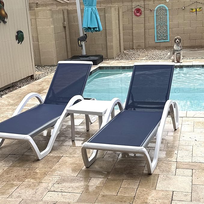 PURPLE LEAF Patio Chaise Lounge Chair Set of 3 Outside Aluminum Plastic Stackable Tanning Chairs with Armrests and Side Table for Pool Sunbathing Beach Deck Outdoor Lounger, Navy Blue