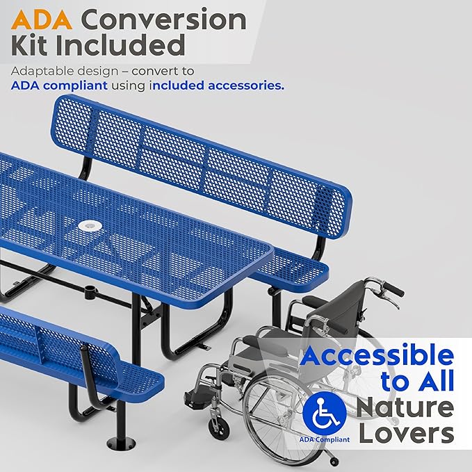 Metal Picnic Furniture for Outdoors with Umbrella Hole - Coated Steel Heavy Duty Commercial Grade Table with Adjustable Seats, Patio Set for a Lifetime (Blue, 6' Rectangular with Back)