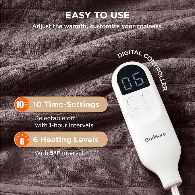 Bedsure Electric Blanket Twin - Soft Flannel Heated Blanket, Fast Heating with 10 Time Settings & 6 Heat Settings, Warm Gift for Grandma (62x84 inches, Brown)