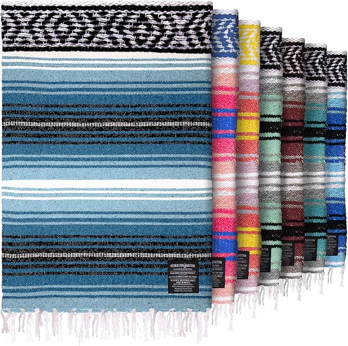 Hydration Nation Authentic Extra Large Mexican Blanket (70"x50") - Handwoven Yoga, Serape- Artisanal Falsa, Beach, Camping, Picnic, Outdoor - Sky Blue