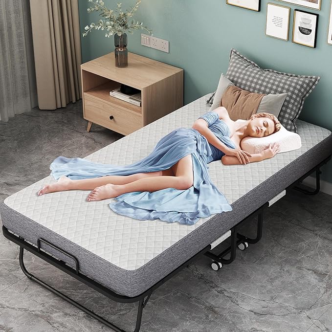 Folding Bed with Mattress 75" x 31" for Adults Single Cot Size Rollaway Foldable Extra Guest Bed with 5" Memory Foam Mattress for Home School College Student Dorm Lab Office Hospital Hotel Truck RV