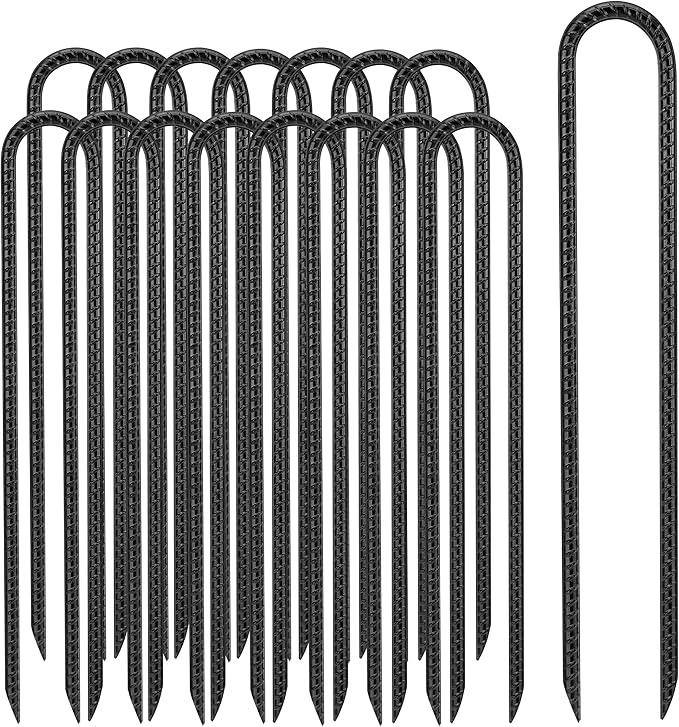 Kingsyard 16 Pack Trampolines Wind Stakes-16 Inch Long, 0.4 Inch Diameter Galvanized Steel U Hook Rebar Stakes, Multi-Purpose Heavy Duty Ground Anchors for Tent, Fences, Swing, Landscape, Black