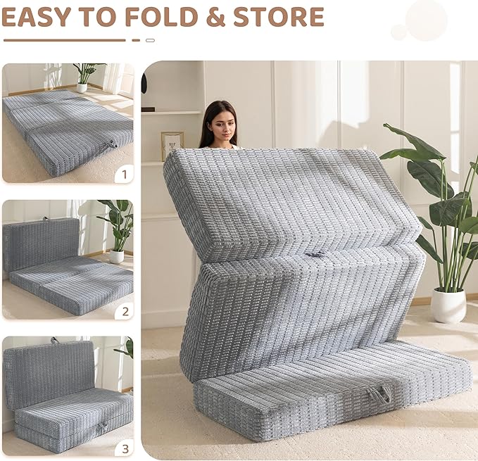 BYBYME Memory Foam Tri-Folding Mattress, 6 Inch Gel Folding Mattress Topper, Foldable Soft Guest Bed Camping Pad, with Washable Cover