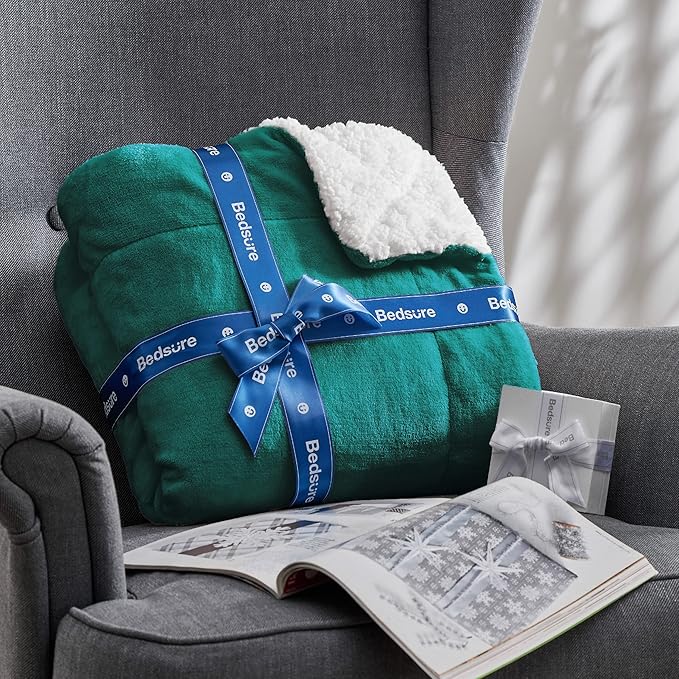 Bedsure GentleSoft Sherpa Fleece Blankets Queen Size for Bed - Thick and Warm, Soft Fuzzy Plush Queen Christmas Blanket for Winter, Forest Green, 90x90 Inches