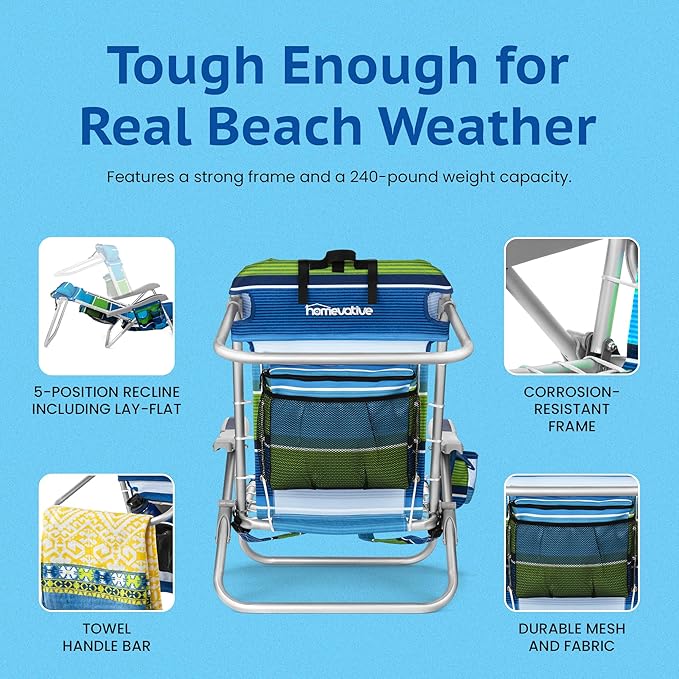 Homevative Cooler+ Folding Backpack Beach Chair with 5 Positions, Towel bar, XL Cooler Pouch, Storage Net, Cup and Phone Holder, Deep Sea, 2 Pack