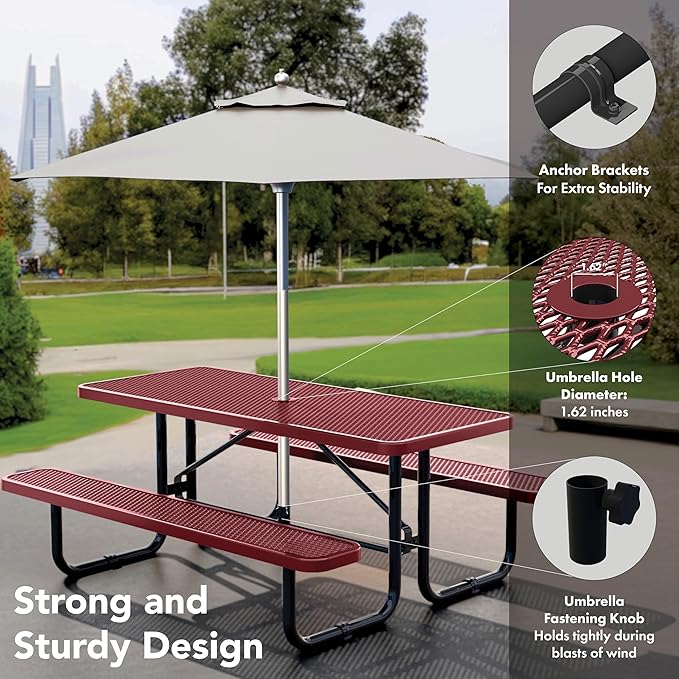 Metal Picnic Furniture for Outdoors with Umbrella Hole - Coated Steel Heavy Duty Commercial Grade Table with Adjustable Seats, Patio Set for a Lifetime (Red, 6' Rectangular)