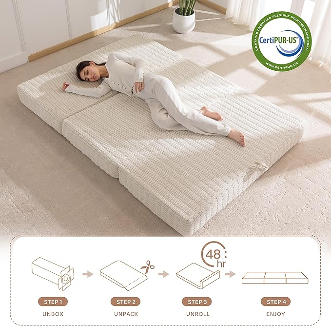 BYBYME Memory Foam Tri-Folding Mattress, 6 Inch Gel Folding Mattress Topper, Foldable Soft Guest Bed Camping Pad, with Washable Cover