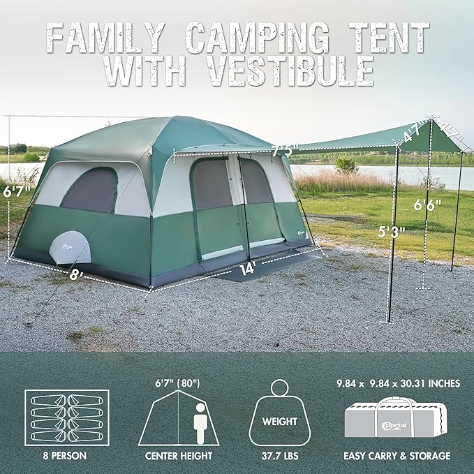 PORTAL 6 | 8 | 10 Person Family Camping Tent with Porch, Big Family Camping Tent with Tall Height, Good Ventilation, Water Resitant Large Tent for Outdoor Camping, Backyard