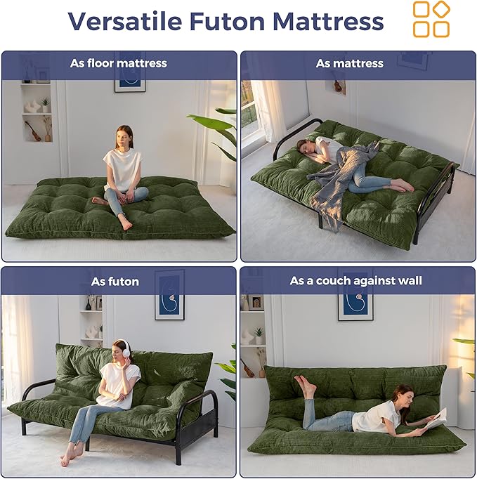 MAXYOYO 6" Japanese Floor Mattress, Foldable Futon Mattress Full Size, Tufted Roll Up Floor Bed, Thick Tatami Mat Sleeping Pad Portable Lounger for Camping Guest Room Dormitory Bedroom RV, Dark Green