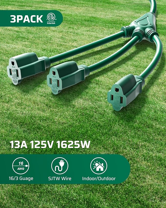DEWENWILS Extension Cord Splitter 1 to 3, 16/3 Heavy Duty SJTW Wire, 3 Prong Splitter 3 Way, Outdoor Cord Splitter for Halloween Decor Christmas Lights, ETL Listed, Green, Pack of 3