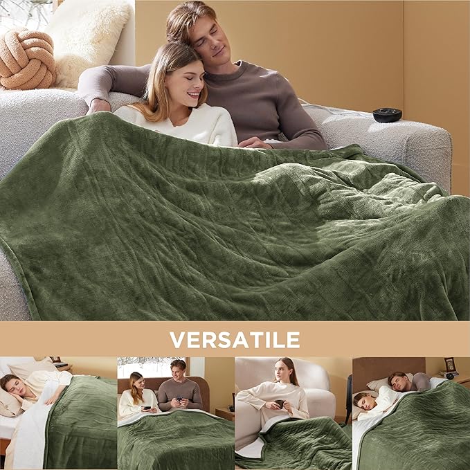 Bedsure Electric Blanket King Size - Dual Control Heated Blanket King Size, Fast Heating with 10 Time Settings & 10 Heat Settings, Warm Gift for Grandma (100x90 inches, Olive Green)