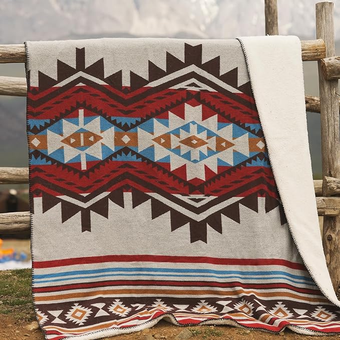 Aztec Throw Blanket with Soft Sherpa Lining, Traditional Southwestern Navajo Tribal Style Warm Throw for Camping, Outdoor, Cozy Boho Blanket for Couch, Sofa, Bed, 50"x60", Stripe Red
