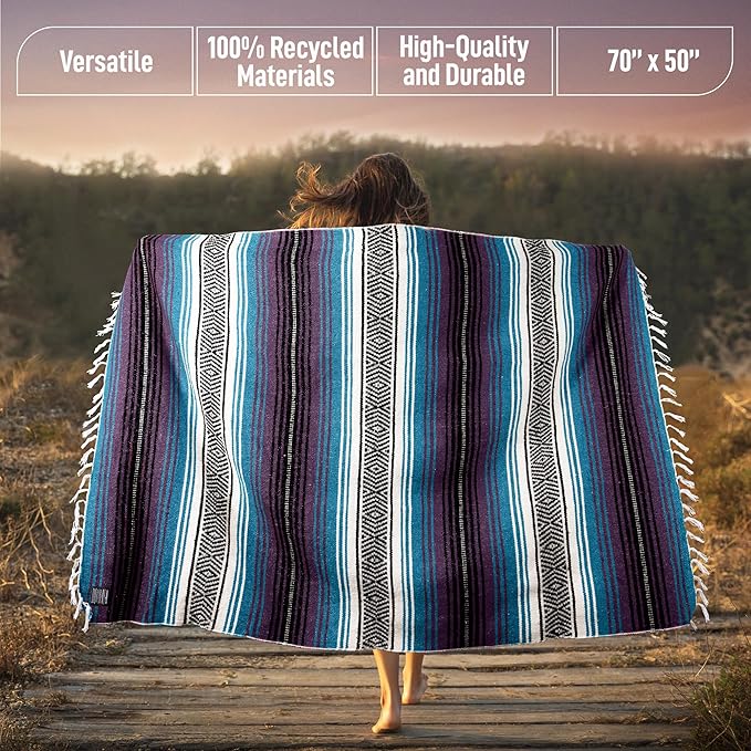 Hydration Nation Authentic Extra Large Mexican Blanket (70"x50") - Handwoven Yoga, Serape- Artisanal Falsa, Beach, Camping, Picnic, Outdoor - Purple Haze