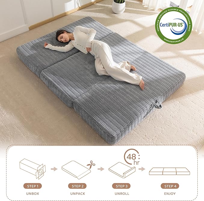 BYBYME Memory Foam Tri-Folding Mattress, 6 Inch Gel Folding Mattress Topper, Foldable Soft Guest Bed Camping Pad, with Washable Cover