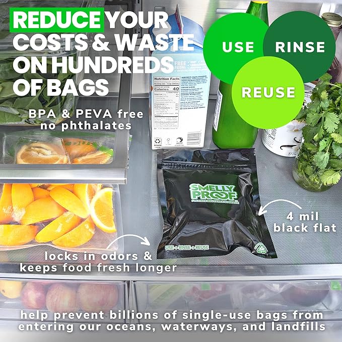 10pk 4-MIL Reusable Food Storage Bags, Reusable Sandwich Bags, Freezer Bags, BPA Free, No PEVA, Non-Silicone Bags for Food Storage, Snack Bags, 10 Black Smelly Proof Bags 6.5" x 7.5"
