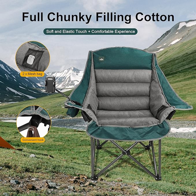 Northroad Oversized XL Padded Camping Chair w/Cell Phone Holder, Large Camp Lounge Chair, Foldable Lawn Chair w/Cup Holder,Carry Bag for Outdoor Hiking, Beach, Picnics, Heavy-Duty 400-lbs Capacity