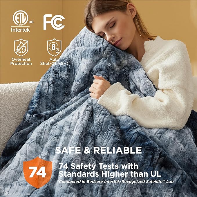 Bedsure Electric Blanket Twin - Faux Fur Sherpa Heated Blanket Twin Size, Fast Heating with 6 Heating Levels & 10 Time Settings, 8 Hours Auto-Off (62x84 inches, Navy)