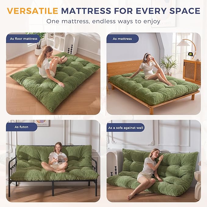 MAXYOYO Floor Mattress Full Size, 6" Chenille Japanese Futon Mattress Foldable Floor Bed for Adults Tufted Roll Up Floor Couch Bed, Tatami Mat Sleeping Pad for Living Room, Bedroom, Green