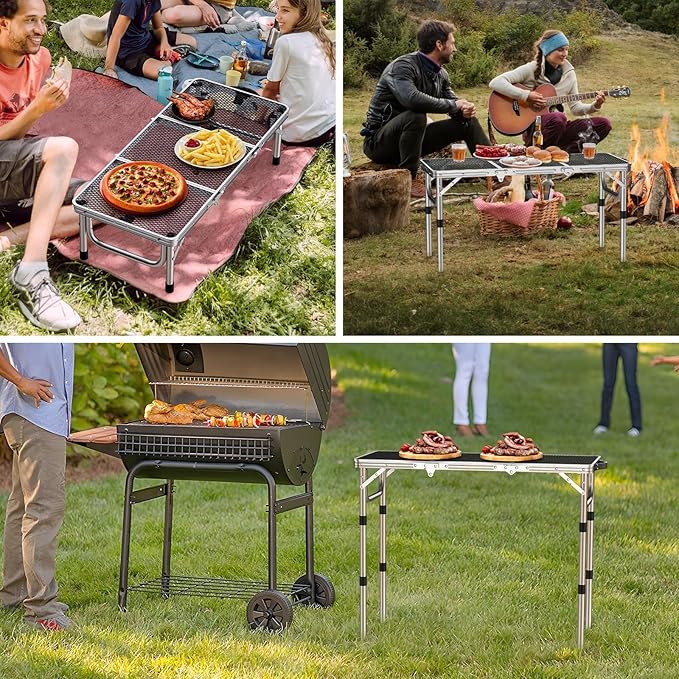 3ft Folding Grill Table with Storage Bag, 3 Adjustable Height 27.5" Aluminum Portable Grill Table, Heat Resistant, Lightweight, Portable Handle for BBQ Cooking Camping Travel, 35" X 16", Silver