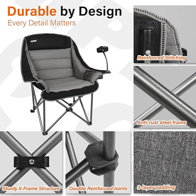 Camping Chairs for Adults-Oversized Extra Large Lawn Chair,Folding Comfy Padded Chair w/Phone Holder,Side Pocket,Cup Holder for Outdoor,Wide&Thick,Heavy Duty 400Lbs,Black