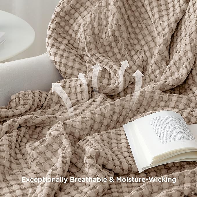 Bedsure Cooling Cotton Waffle Queen Size Blanket -Lightweight Breathable Fall Blanket of Rayon Derived from Bamboo for Hot Sleepers, Luxury Throws for Bed, Couch and Sofa, Taupe, 90x90 Inches