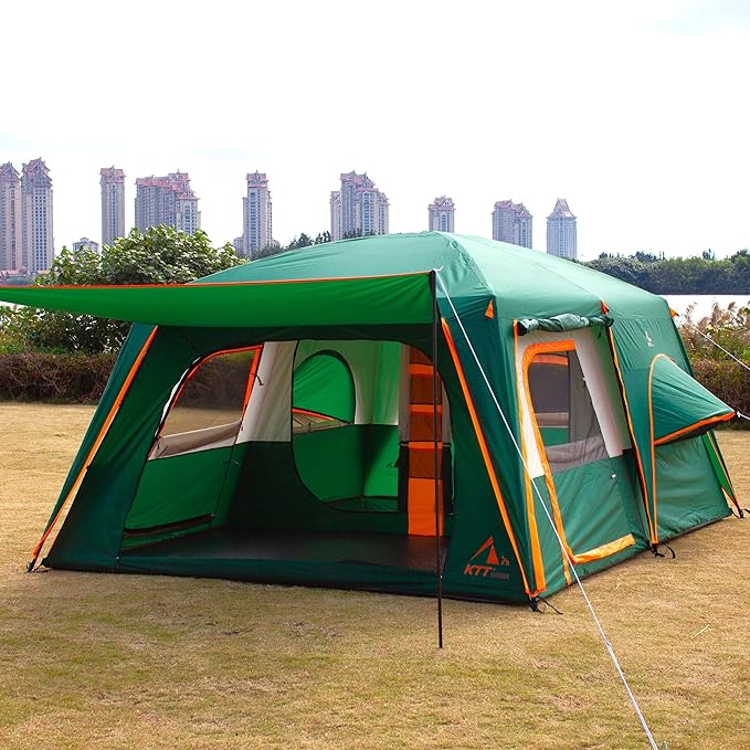 KTT Extra Large Tent 6-10-12-14 Person(B),Family Cabin Tents,2 Rooms,3 Doors and 3 Windows with Mesh,Straight Wall,Waterproof,Double Layer,Big Tent for Outdoor,Picnic,Camping,Family Gathering