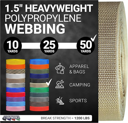 Strapworks Heavyweight Polypropylene Webbing - Heavy Duty Poly Strapping for Outdoor DIY Gear Repair, 1.5 Inches