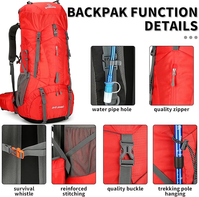 Hiking Backpack for Men and Women 70L+5L Waterproof Lightweight Camping Daypack with Rain Cover for Outdoor Travel Mountaineering - Frameless (Red)