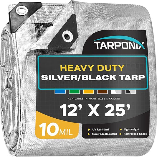 12' x 25' Dual-Sided Heavy-Duty Tarp – 10 Mil Tear-Resistant Silver & Black Cover with Reinforced Edges and Anti-Rust Grommets