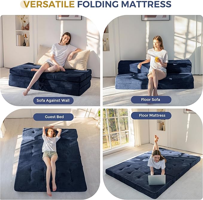MAXYOYO Folding Mattress, 4 Inch Tufted Foldable Mattress Full Foam Bed, Tri-Fold Floor Couch with Handles Guest Bed Topper Portable Camping Mat with Corded Fabric, Queen Size, Navy
