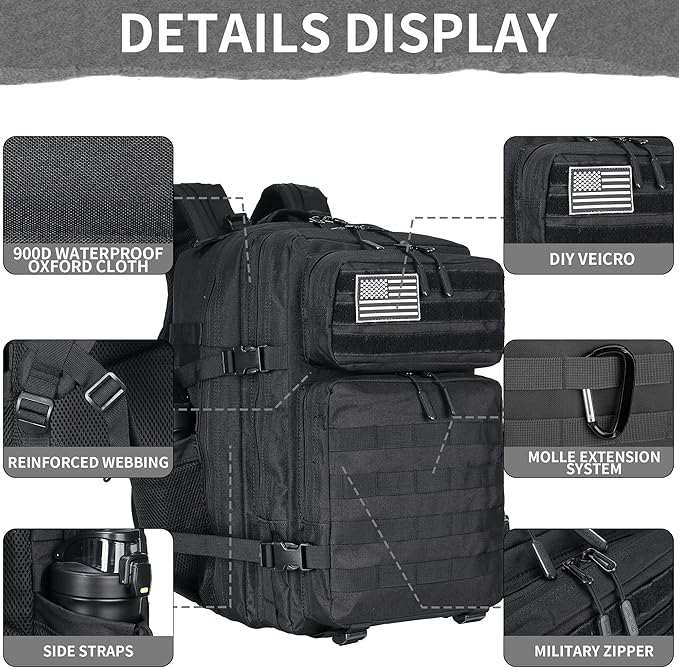 45L Military Tactical Backpacks 3 Days Assault Pack Bag Fitness Rucksack 3 Day Bug Out Bag Hiking Treeking Molle Daypack (Black)
