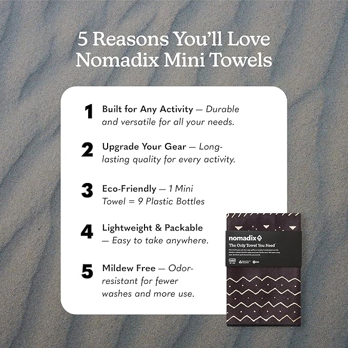 Nomadix Mini Towel - Perfect for Beach, Pool, Travel, Camping, Yoga - Made with Recycled Materials - Super Absorbent - Sand Resistant - Mud Cloth - 16x40
