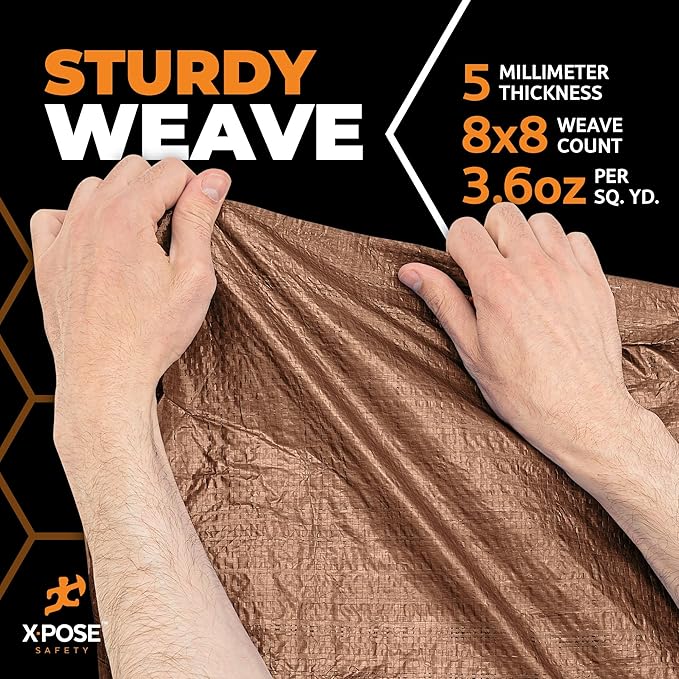 Multipurpose Protective Cover Brown Poly Tarp 12' x 25' - Durable, Water Resistant, Weather Resistant - 5 Mil Thick Polyethylene - by Xpose Safety