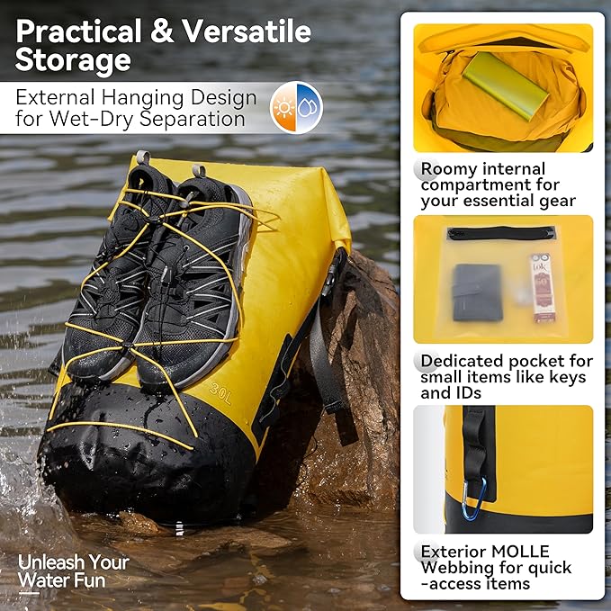 MARCHWAY Floating Roll Top Dry Bag, Flexible Lightweight TPU Waterproof Backpack 20L/30L/40L with Padded Straps for Boating, Kayaking, Swimming, Hiking, Beach (Yellow, 20L)