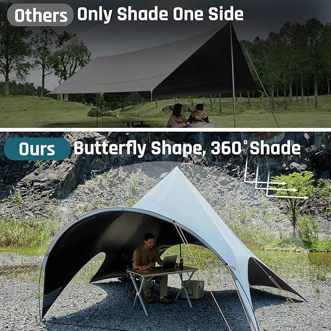 Large Blackout Camping Tarp with Poles Waterproof Shade Canopy Tent Tarp Sun Shade Shelter for Outdoor Camping Backyard Picnic - Included Guy Lines & Luminous Tent Stakes, Gray