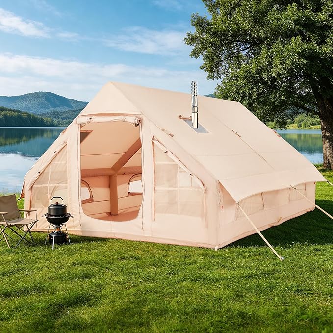 YOLENY Inflatable Tents for Camping, 6-12 Person Blow Up Tent with TPU Skylight, Canopy, Mesh Windows, Stove Jack & Pump, 4 Season Large Inflatable Tent, Waterproof & Windproof