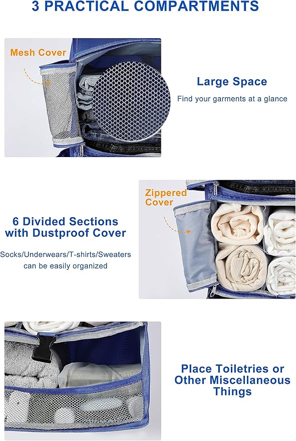 ELEZAY Hanging Packing Cubes Portable Closet 3-Shelf Travel Collapsible Compression Garment Organizer for Carry-on Luggage Suitcase Space Saver Bag X-Large_12*10 * 24 in, Blue